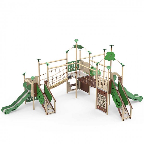 Spielanlage Virok der Serie Explore von LEDON - Drei überdachte Podeste mit einer offenen Rutsche, Hängeseilbrücke, Hängebrücke, Spielwand, Dschungelhütte und Spielküche für Kinder.