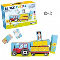 Block-Puzzle "Bauernhof" für Kinder ab 3 Jahren von beleduc. Vierseitig bedruckte Bausteine können kombiniert werden.