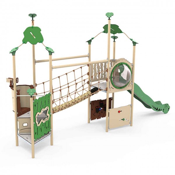 Spielanlage Kila der Serie Explore von LEDON - Zwei überdachte Podeste mit einem Stufenaufstieg, offener Rutsche, Ausguck mit Fernglas und Spielwänden für Kinder.
