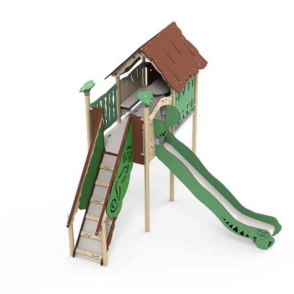 Spielanlage Mayan der Serie Explore von LEDON - Überdachtes Podest mit einem Treppenaufstieg und Sitzmöglichkeiten und Rutsche für Kinder.