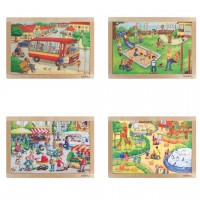 4 Rahmen-Puzzle aus Holz mit Motiv Stadt, Kindergarten, Markt und Tierpark von beleduc