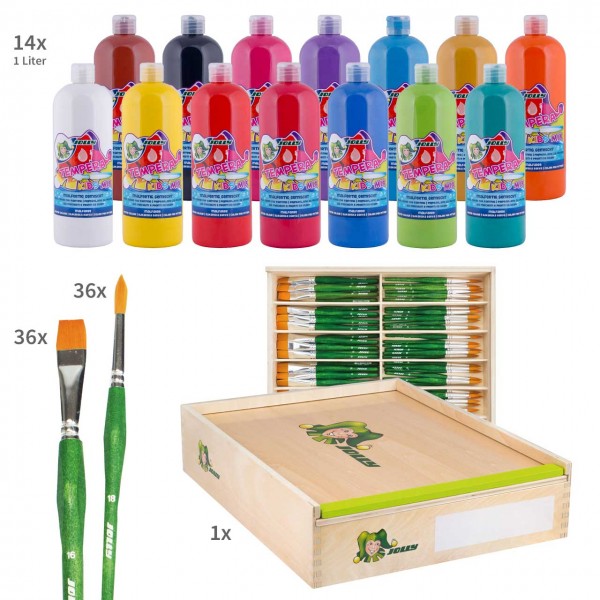 JOLLY Pinsel & Farbe Set - 14x JOLLY Flüssigfarbe in der 1 Liter Flasche, 