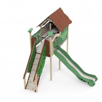 Spielanlage Mayan der Serie Explore von LEDON - Überdachtes Podest mit einem Treppenaufstieg und Sitzmöglichkeiten und Rutsche für Kinder.