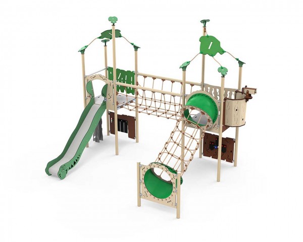 Spielanlage Kepal der Serie Explore von LEDON - Zwei überdachte Podeste mit einer Netzschleuse und Kletterwand, offener Rutsche, Ausguck mit Fernglas und Spielwänden für Kinder.