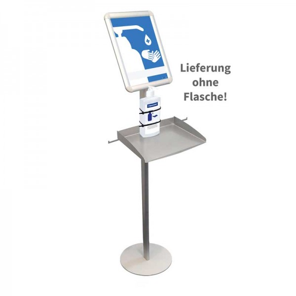 Desinfektionsmittel-Station mit Klapprahmen - Ständer mit Tablett und Info-Rahmen für Hinweise