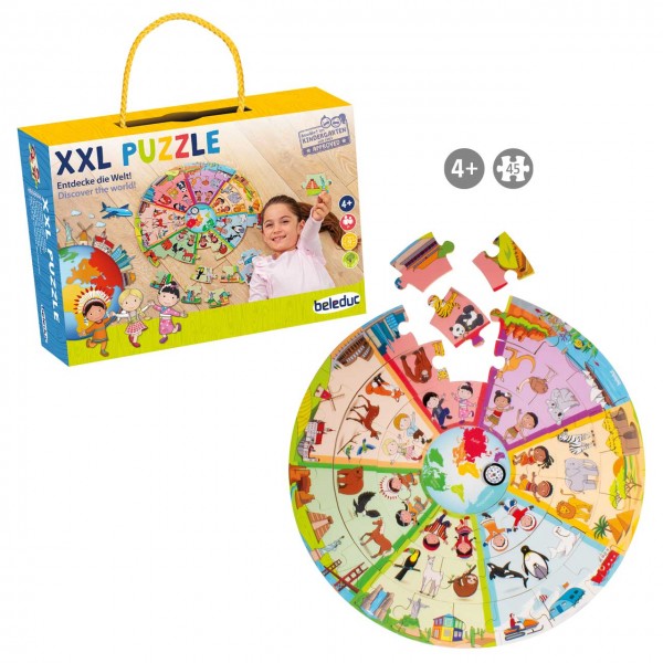 Großes rundes Holz-Puzzle XXL "Entdecke die Welt" von beleduc für Kinder ab 4 Jahre.