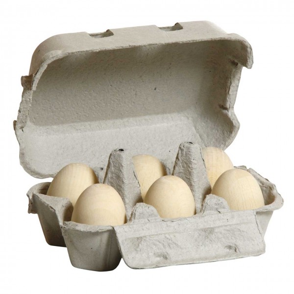 Artikel für den Kaufladen - geöffnete Eierschachtel aus Pappe mit 6 weißen Eiern