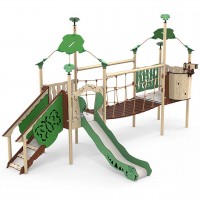 Spielanlage Sikan der Serie Explore von LEDON - Zwei überdachte Podeste mit einem Treppenaufstieg, Hängebrücke, Rutsche und Ausguck mit Fernglas für Kinder er