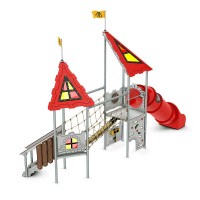 Spielanlage Dagoent von LEDON - Zwei Podeste mit Seilbrücke und geschlossener Rutsche Spiel- und Kletterwand für Kinder