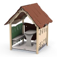 Spielhaus Ana - Grundmodul mit Schrägdach, 2 Sitzbänken und mittiger Tisch