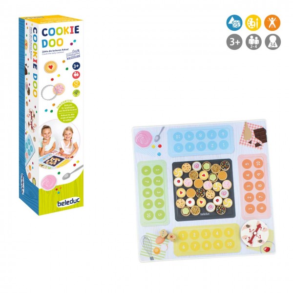 Würfelspiel Cookie Doo für Kinder ab 3 Jahren von beleduc - Verpackung und Spielfläche