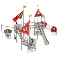 Spielanlage Merlin Castle von LEDON - Drei Podeste mit Rutsche und Netzschleuse, Spielwänden mit Verlies und Klettervorrichtungen für Kinder