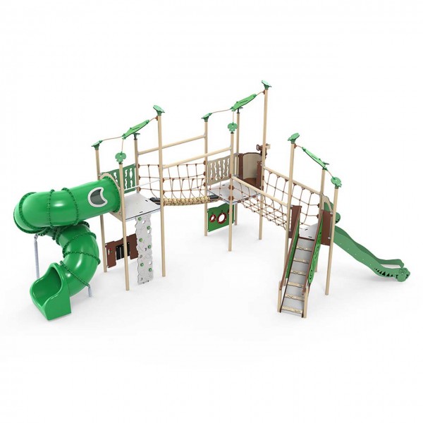 Spielanlage Zulu der Serie Explore von LEDON - Drei überdachte Podeste mit einer Röhrenrutsche, offenen Rutsche, Hängeseilbrücke, Kletternetzbrücke und Spielwänden für Kinder.