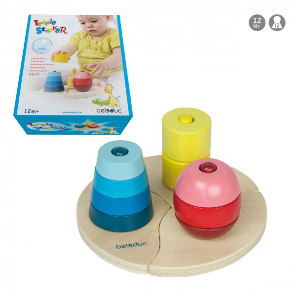 Steckspiel und Stapelspiel Tripple Stacker von beleduc für Kinder ab 1 Jahr - Verpackung und Spielinhalt