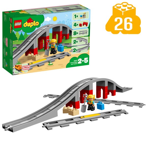 LEGO® DUPLO® 10872 Eisenbahnbrücke und Schienen - Verpackung mit Inhalt davor