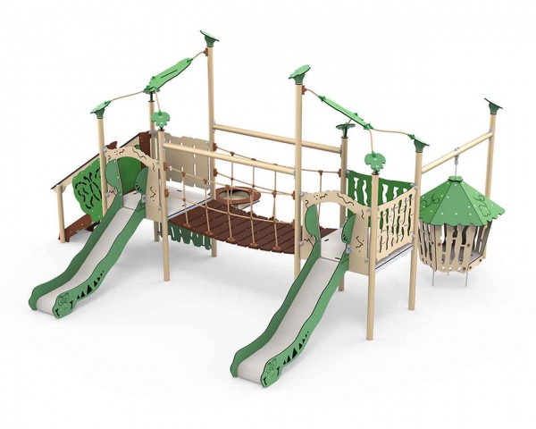 Spielanlage Dixo der Serie Explore von LEDON - Zwei überdachte Podeste mit einem Treppenaufstieg, Hängebrücke, zwei Rutschen, Spioelküche und Dschungelhütte für Kinder er