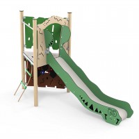 Spielanlage Sia Serie Explore von LEDON - Ein Podest mit Leiteraufstieg, offener Rutsche und Spielwand für Kinder än
