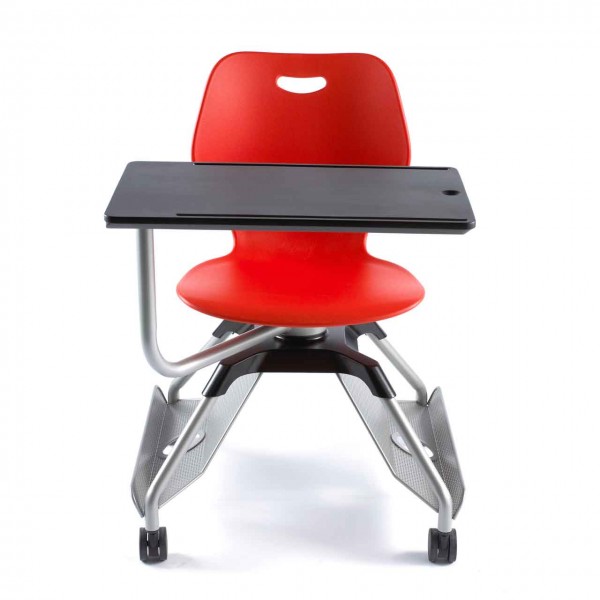 Schülerstuhl Learn2 mit Sitzschale Wave in Poppy Red mit Tablett in Schwarz 
