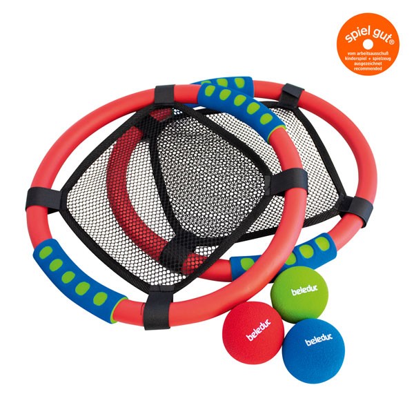 Ballspiel Net Ball von beleduc mit 2 Handtrampoline und 3 kleine Softbälle