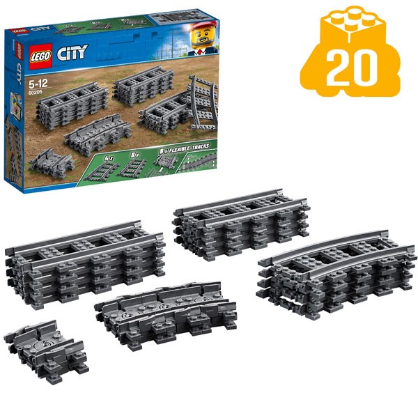 LEGO® City 60205 Schienen und Kurven - Verpackung mit 20-teiligen Inhalt davor
