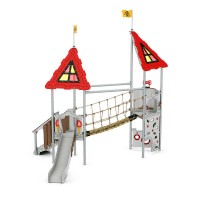 Spielanlage Lynette Castle von LEDON - Zwei Podeste mit Rutsche und Seilbrücke und Spiel- und Kletterwänden für Kinder
