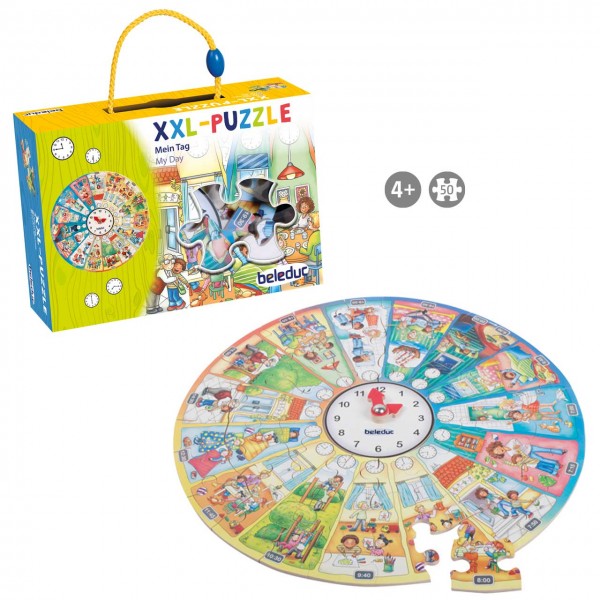 Großes Holz-Puzzle XXL Mein Tag von beleduc für Kinder ab 4 Jahre. Lern-Puzzle mit Lernuhr in der Mitte