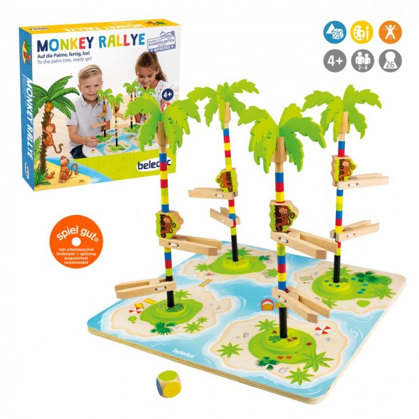 Würfelspiel Monkey Rallye von beleduc für Kinder ab 4 Jahren - Verpackung und Spielinhalt