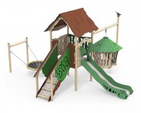 Spielanlage Hanok der Serie Explore von LEDON - Ein überdachtes Podest mit Treppenaufstieg, Vogelnestschaukel, Verlies, offener Rutsche für Kinder än