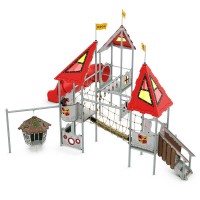 Spielanlage Nimueh Castle von LEDON - Drei Podeste mit Rutschen, Hängeseilbrücke, Kletternetz, Spielwänden und Verlies für Kinder än