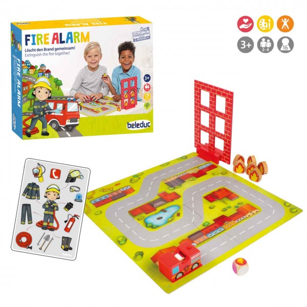 Spannendes Farb-Würfelspiel Fire Alarm (Feuer Alarm) von beleduc für Kinder ab 3 Jahren - Verpackung und Inhalt