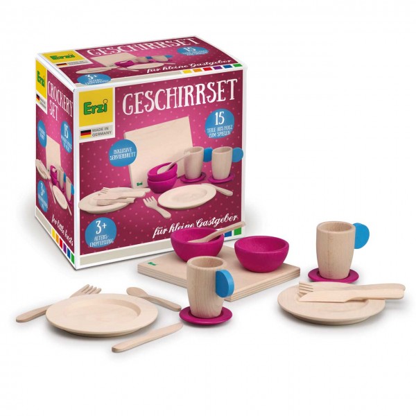 Geschirr-Set mit Besteck von Erzi aus Buche - 15-teiliges Geschirr für Spielküchen