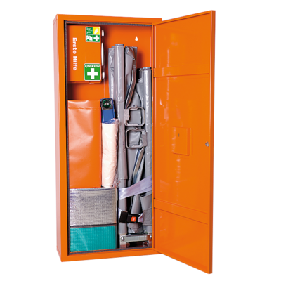 Anbausafe Erste-Hilfe-Krankentrage von Söhngen® - Farbe orange, gefüllt mit Erste-Hilfe-Koffer und vieles mehr