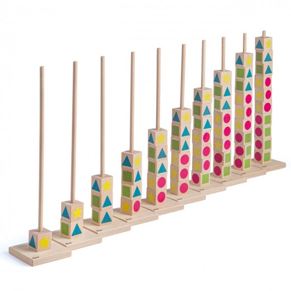  Lernspiel Zähltürmchen von Erzi® - 10 Steckbretter (L/B/H 16 x 16 x 43 cm) und 55 Würfel (L/B/H 3 x 3 x 3 cm) mit farbigen Symbolen