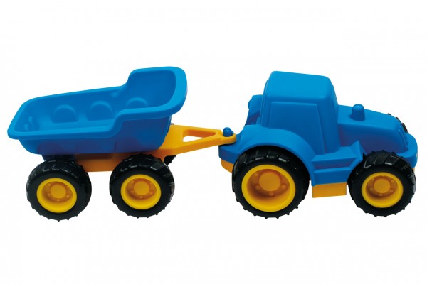 Blaugelber Traktor mit Anhänger von beleduc aus UV-beständigem Kunststoff.