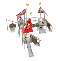 Spielanlage Mordred Castle von LEDON - Drei Podeste mit Rutschen, Hängebrücke, Seilbrücke, Spielwänden und Verlies für Kinder än