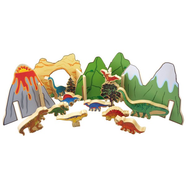 Holzfiguren Dinowelt - 22-teiliges Set mit fotorealistischen Abbildungen auf den Bausteinen aus Holz