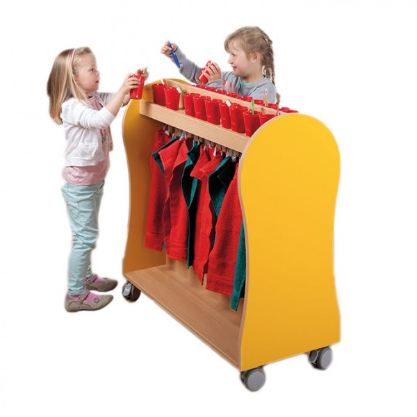 Waschraumwagen mit Zweifachhaken und Ablagen für Zahnputzbecher für Kita oder Kindergarten