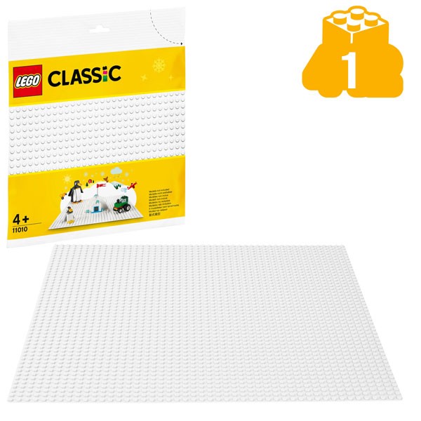 LEGO Classic 11010 Weiße Bauplatte - Produktbild mit Verpackung im Hintergrund, davor weiße LEGO Bauplatt