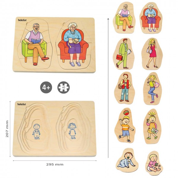 Lagen-Puzzle Oma & Opa aus Holz von beleduc - Das 40-teilige Generationenpuzzle zeigt die verschiedenen Lebensphasen eines Menschen vom Baby bis hin zum Seniorenalter.