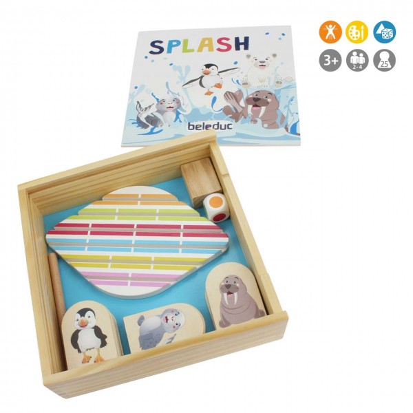 Splash ist ein Farb-Würfelspiel von beleduc für Kinder ab 3 Jahren - Inhalt in einer praktischen Aufbewahrungsbox aus Holz
