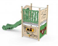 Spielanlage Fen der Serie Explore von LEDON - Ein offenes Podest mit Leiteraufstieg, Spielwänden, offener Rutsche für Kinder än