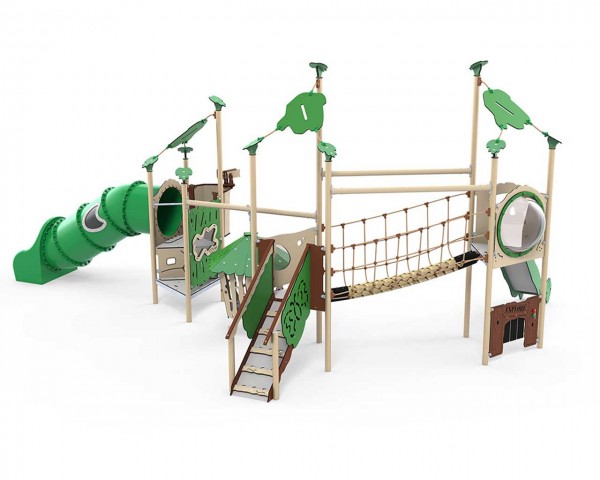 Spielanlage Arkon der Serie Explore von LEDON - Drei überdachte Podeste mit einer Röhrenrutsche, offenen Rutsche, Hängeseilbrücke, Ausguck mit Fernglas für Kinder.