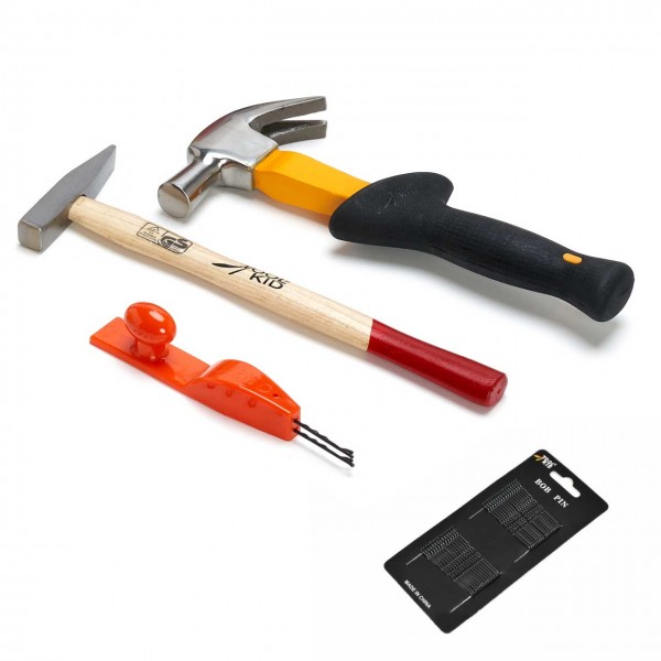 ToolKid Hammer-Set bestehend aus 1 x Klauenhammer, 1 x Schlosserhammer, 1 x Nagelhalter, 32 x Haarklammer