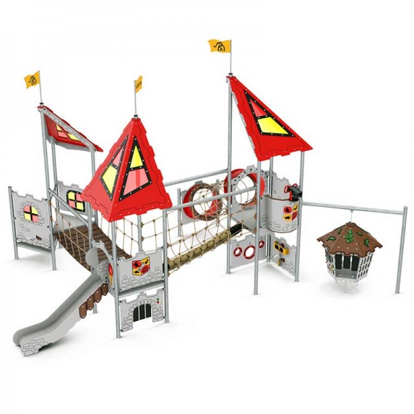 Spielanlage Pelleas Castle von LEDON - Drei Podeste mit Rutsche und Netzschleuse, Seil- und Hängebrücke, Spiel- und Kletterwänden und Verlies für Kinder än