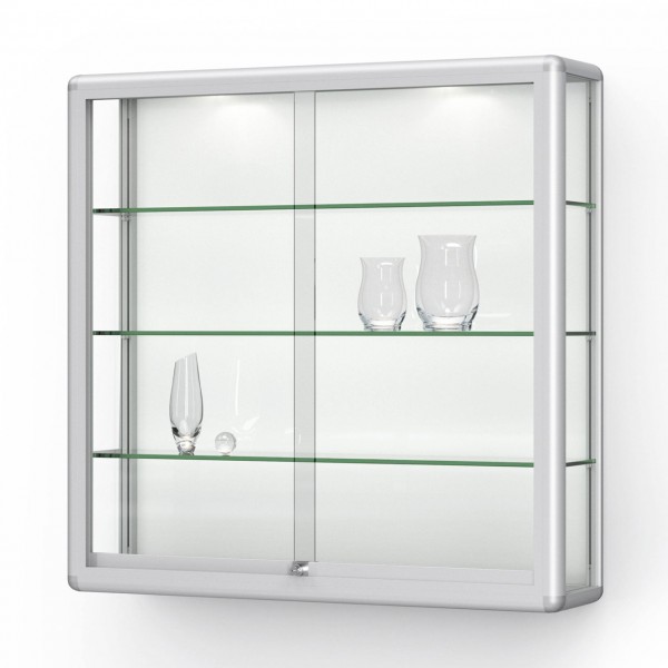 Wand-Glasvitrine VERTUM 100 mit Schiebetüren, Brandschutzklasse A1 - mit gerundetem Rahmenprofil Größe B/H/T 1020 x 1000 x 250 mm