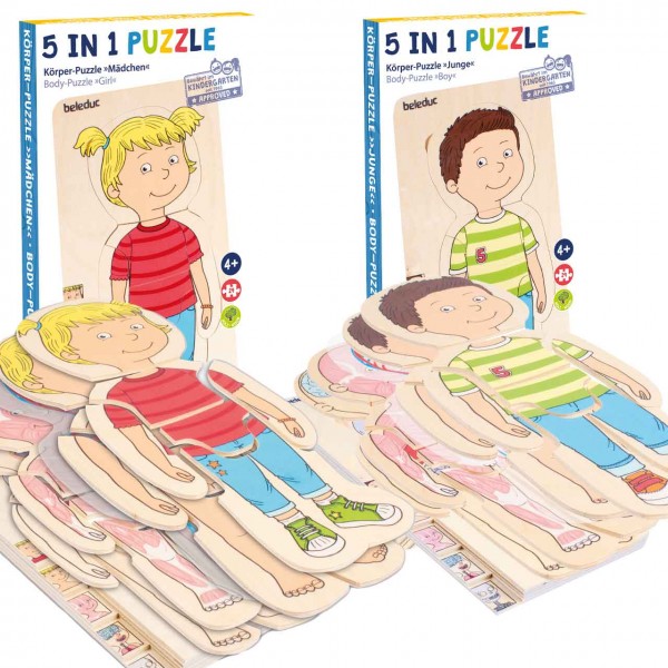 Körper-Lernpuzzle von beleduc - 5 in 1 Puzzle mit Motiv Mädchen und Motiv Junge
