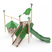 Spielanlage Suri der Serie Explore von LEDON - Ein überdachtes Podest mit Treppenaufstieg, offener Rutsche und Dschungelhütte für Kinder än