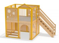 Spielhaus Käseburg - eine Spielburg mit seitlichem Treppenaufgang und Spielmöglichkeiten auf 2 Ebenen