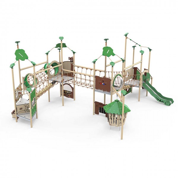 Spielanlage Titan der Serie Explore von LEDON - Vier überdachte Podeste mit einer offenen Rutsche, zwei Hängeseilbrücken, Kletternetzbrücke, Spielwänden, Dschungelhütte, Ausguck mit Fernglas und Spielküche für Kinder.